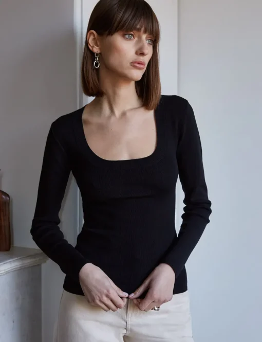 Black Scoop Neck Knit Top