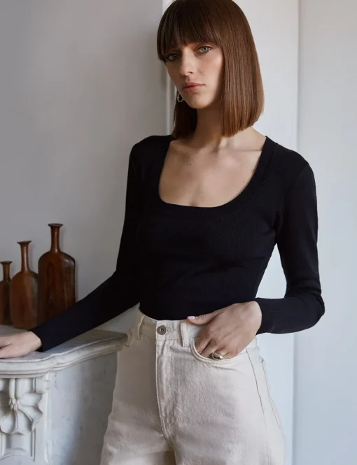 Black Scoop Neck Knit Top