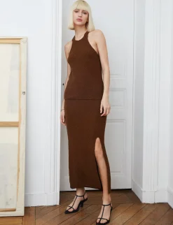 Brown Crochet-Knit Slit Skirt