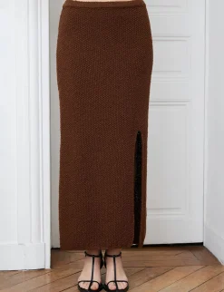 Brown Crochet-Knit Slit Skirt
