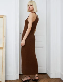 Brown Crochet-Knit Slit Skirt