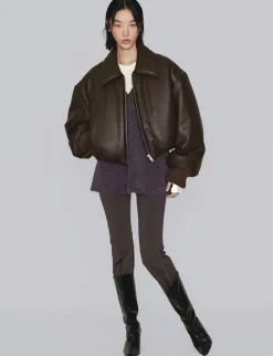 Brown Faux-Leather Bomber Jacket