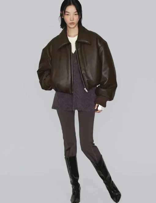 Brown Faux-Leather Bomber Jacket