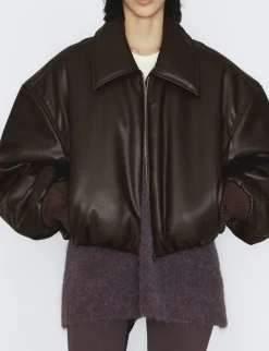 Brown Faux-Leather Bomber Jacket
