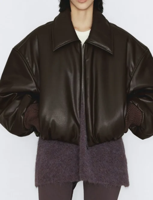 Brown Faux-Leather Bomber Jacket