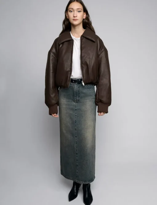 Brown Faux-Leather Bomber Jacket