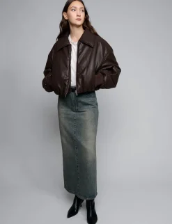 Brown Faux-Leather Bomber Jacket