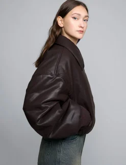 Brown Faux-Leather Bomber Jacket