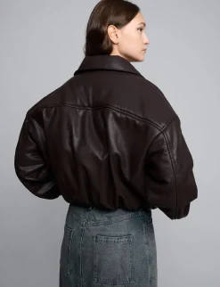 Brown Faux-Leather Bomber Jacket