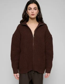 Brown Zip Funnel Neck Sweater