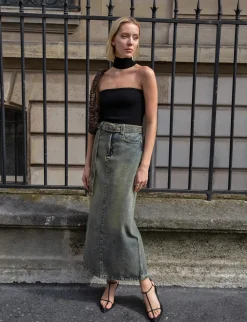 Dirty Denim Belted Maxi Skirt