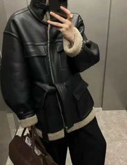 Leather Shearling Cargo Pocket Coat