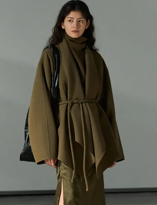Olive Open-Front Kimono Coat