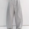 Pale Grey Pleated Barrel Leg Pants -PREORDER