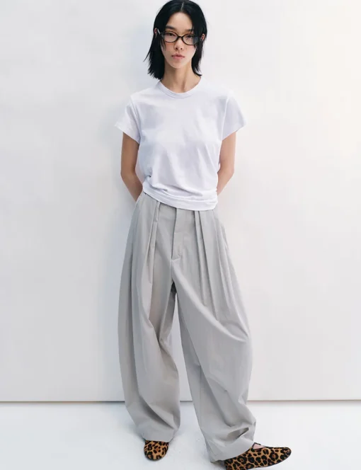 Pale Grey Pleated Barrel Leg Pants -PREORDER