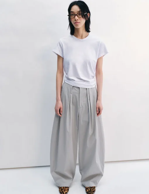 Pale Grey Pleated Barrel Leg Pants -PREORDER