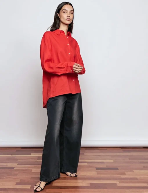 Red Linen Oversized Shirt