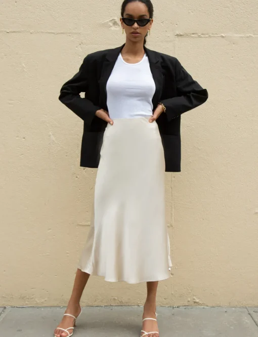 Rene Beige Satin Long Skirt-BESTSELLER