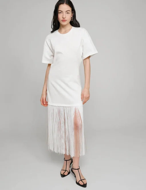 White Fringe Cotton Tee Dress